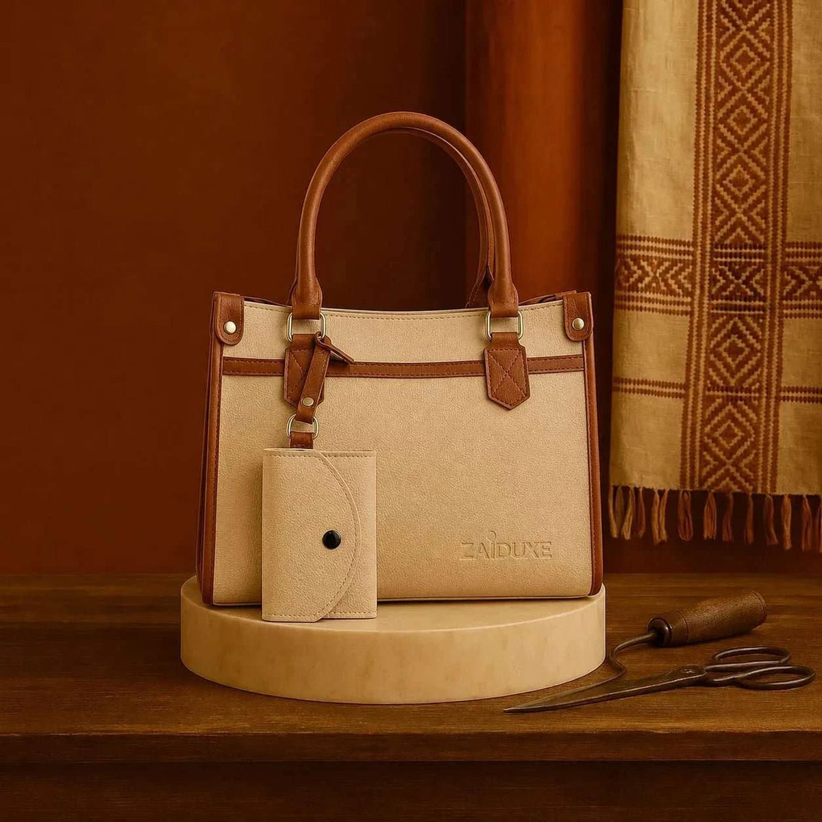 LuxeCarry Cream shoulder bags pakistan front view by Zaiduxe
